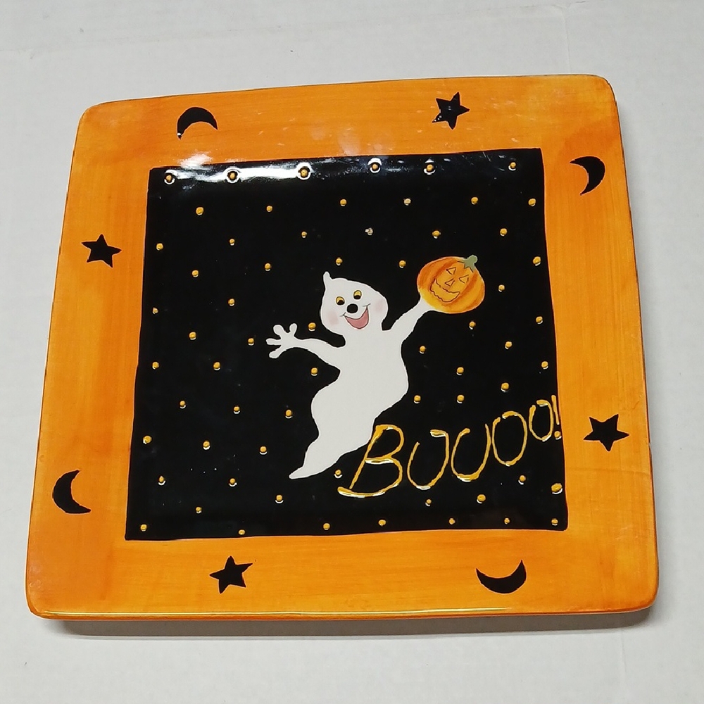 Vintage Kitsch Halloween Ghost Handpainted Square Ceramic 10.5" Dinner Plate